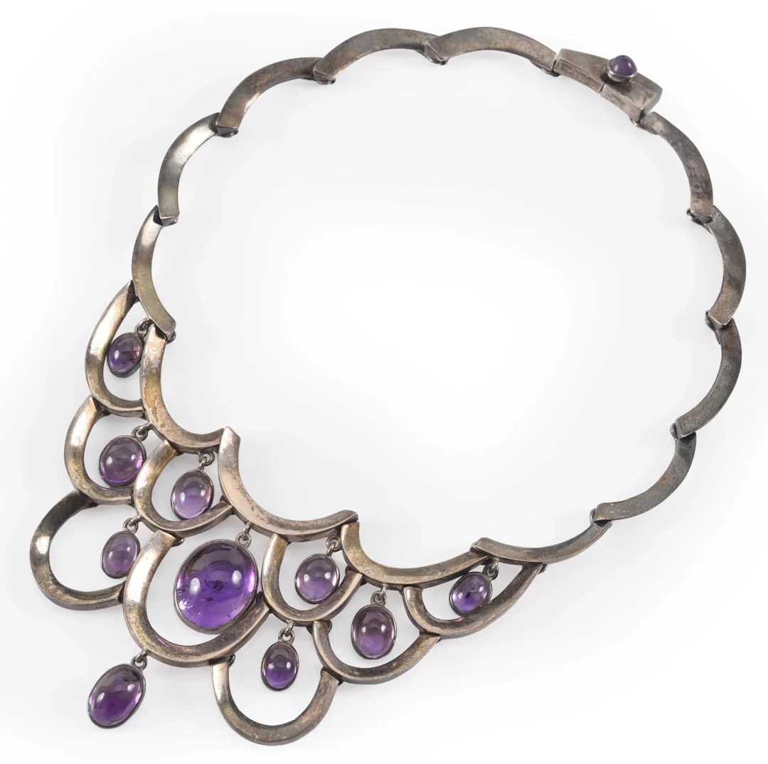 Fine quality Mexican 970 silver amethyst designer necklace. Openwork