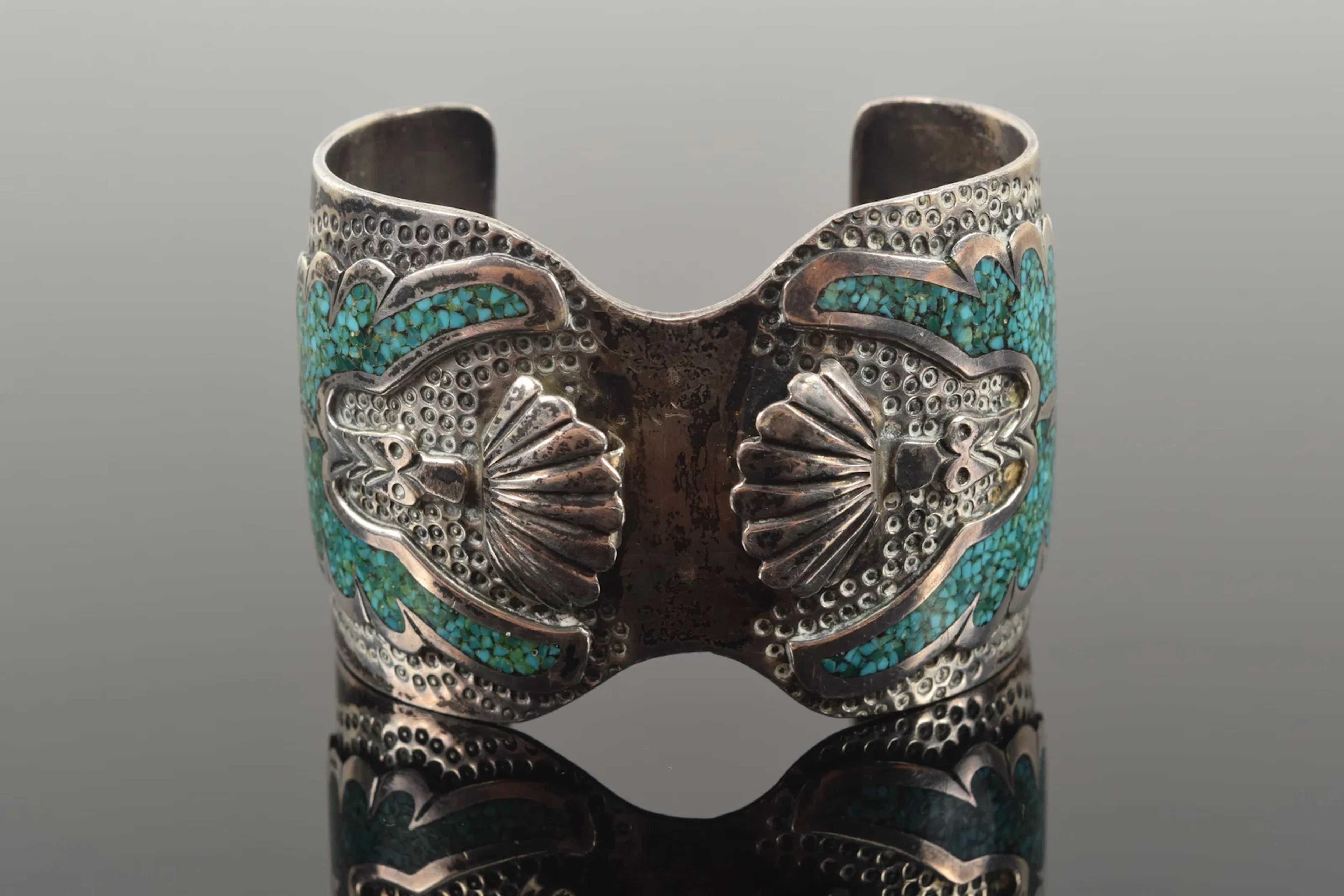 Signed Southwest Native American silver and turquoise inlaid cuff