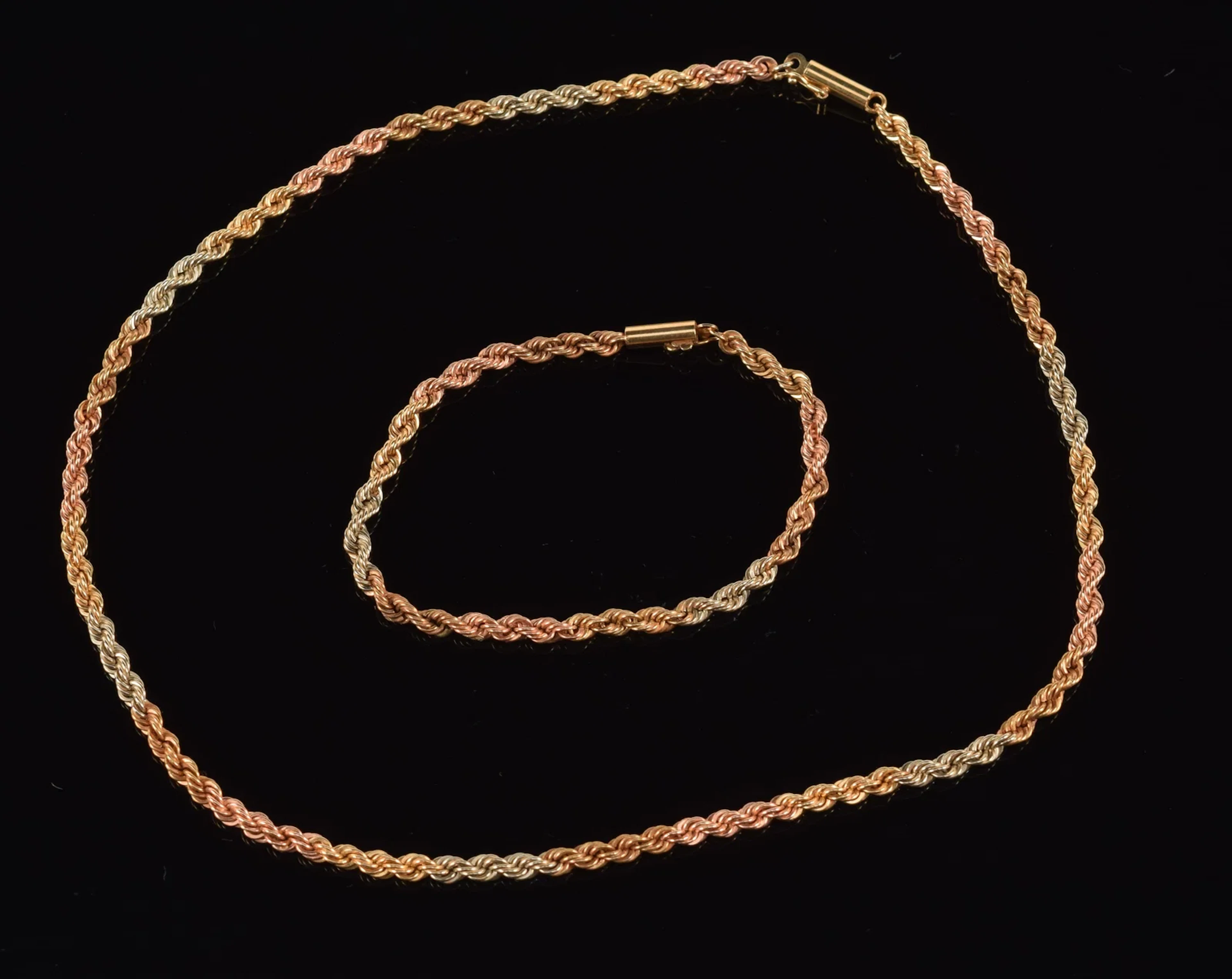 14K tri-color gold rope twist chain necklace and bracelet. Clasps