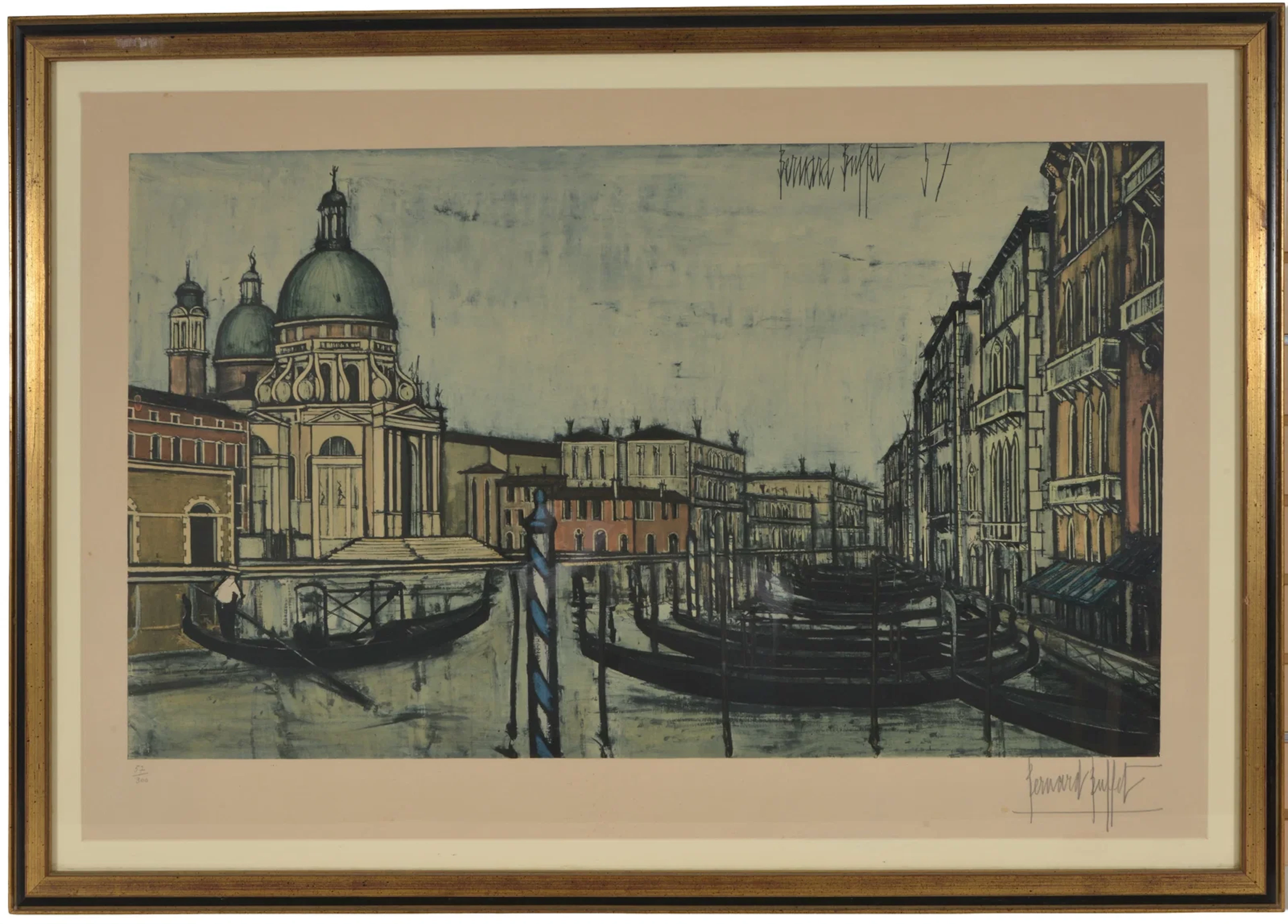 Bernard Buffet. Venetian canal scene. Original lithograph print. Signed