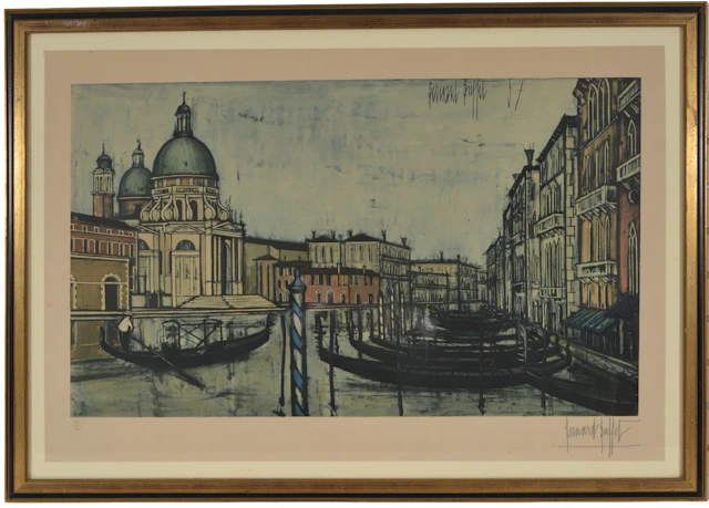 Bernard Buffet. Venetian canal scene. Original lithograph print. Signed