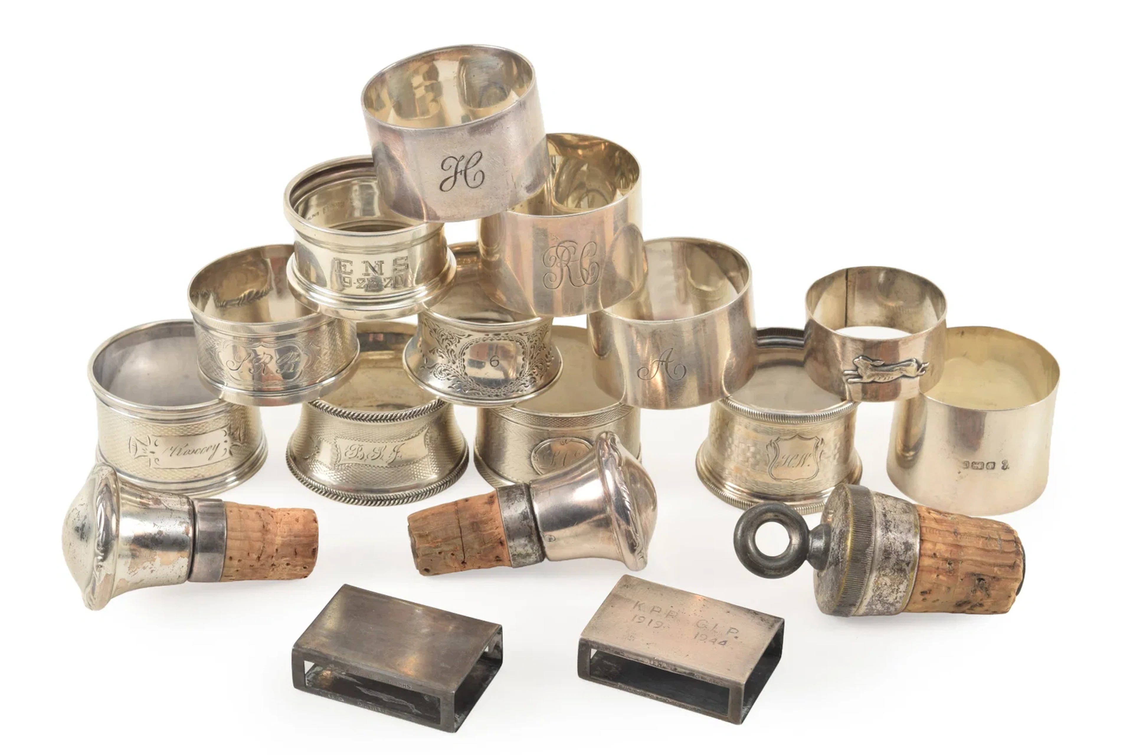 Collection Sterling silver table items including 13 napkin rings