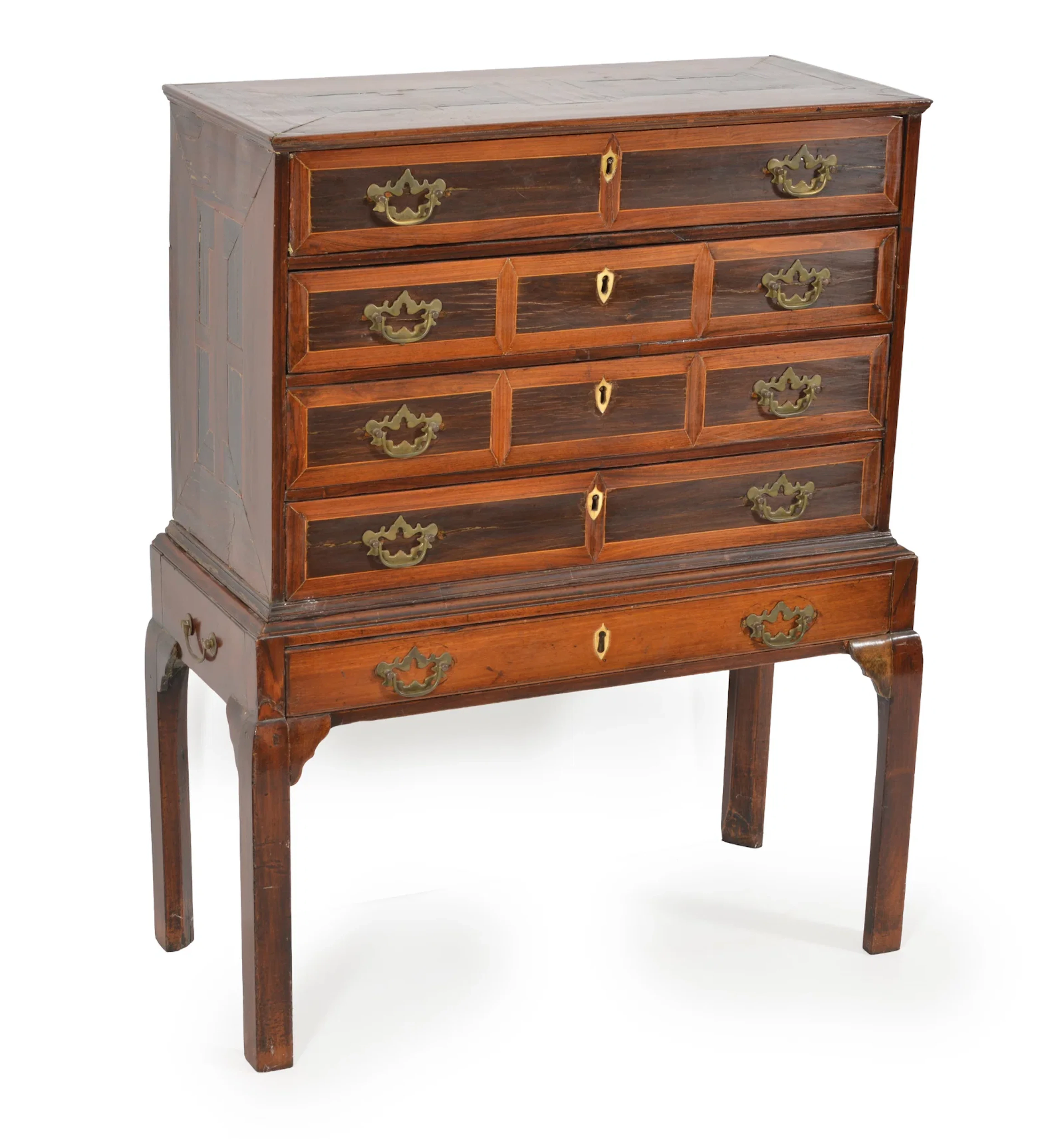 Georgian cabinet on frame with an inlaid case of 4 drawers on a mahogany