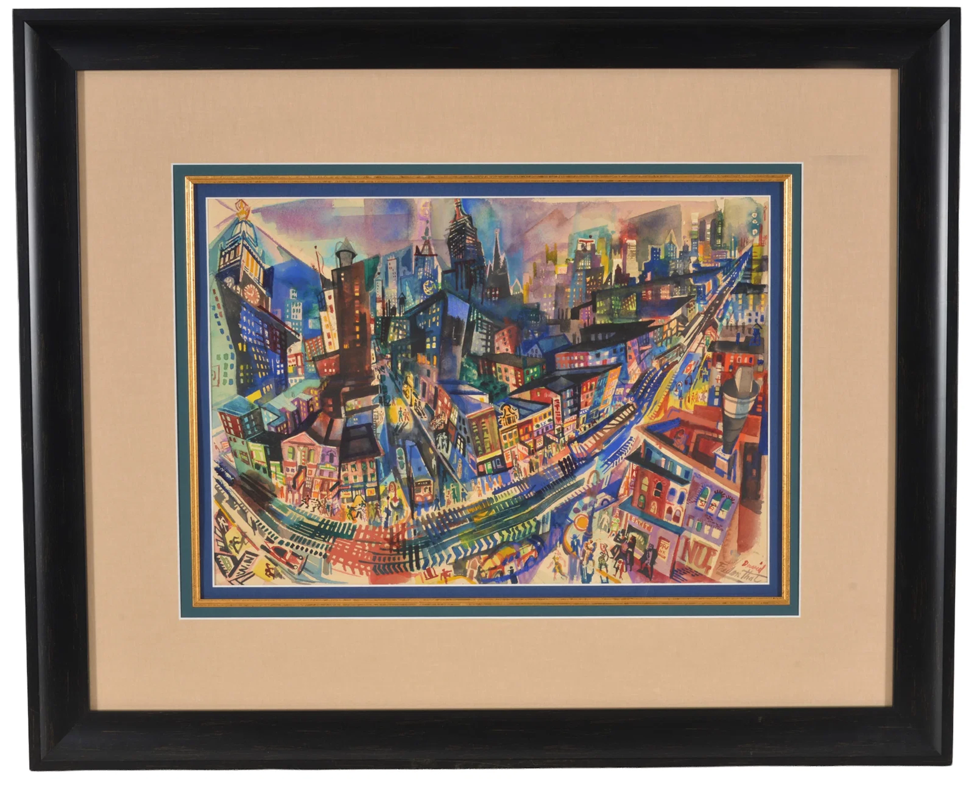 David Fredenthal. American. New York City skyline with figures, storefronts