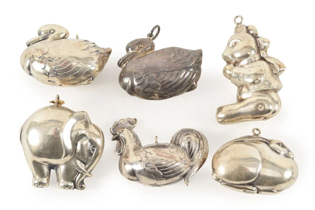 6 sterling silver animal form pendants, including ducks, rooster