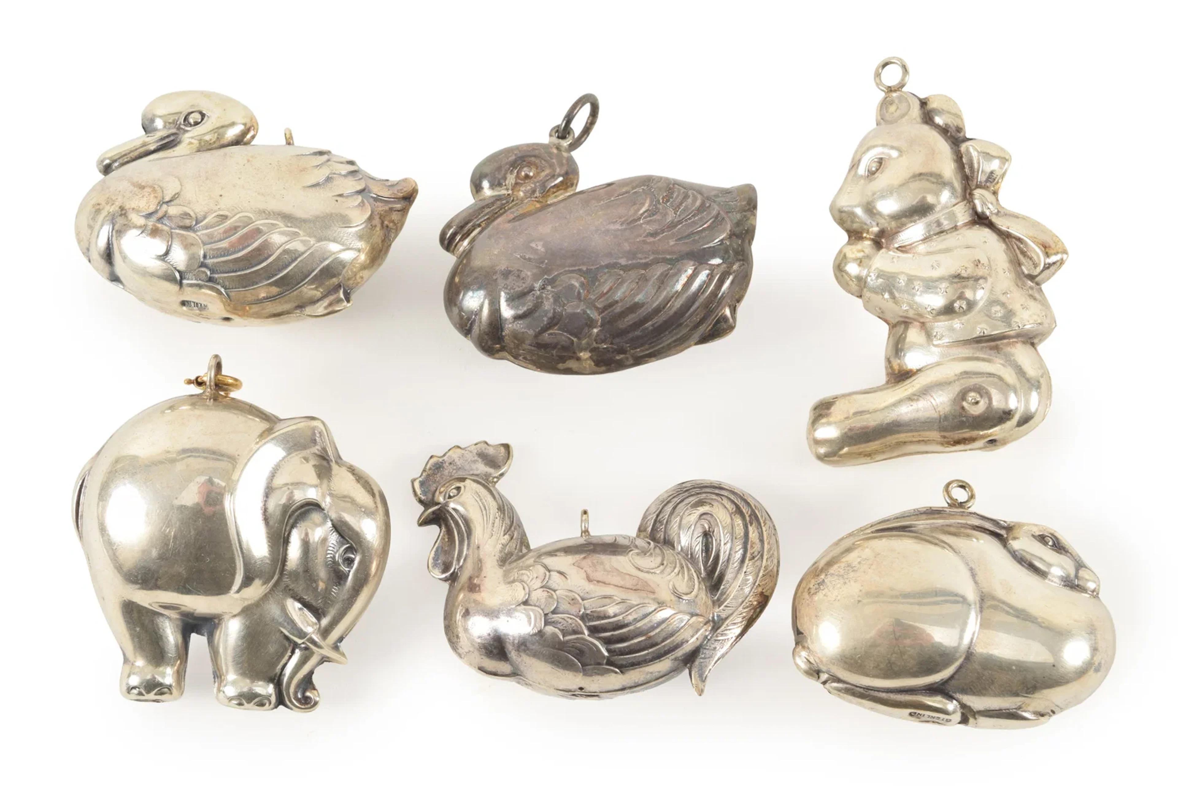 6 sterling silver animal form pendants, including ducks, rooster