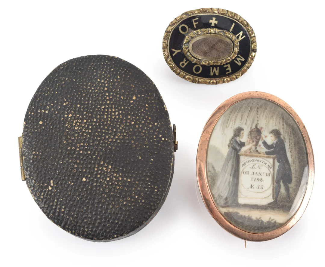 18th Century rose gold morning pin with fine painted classical memorial