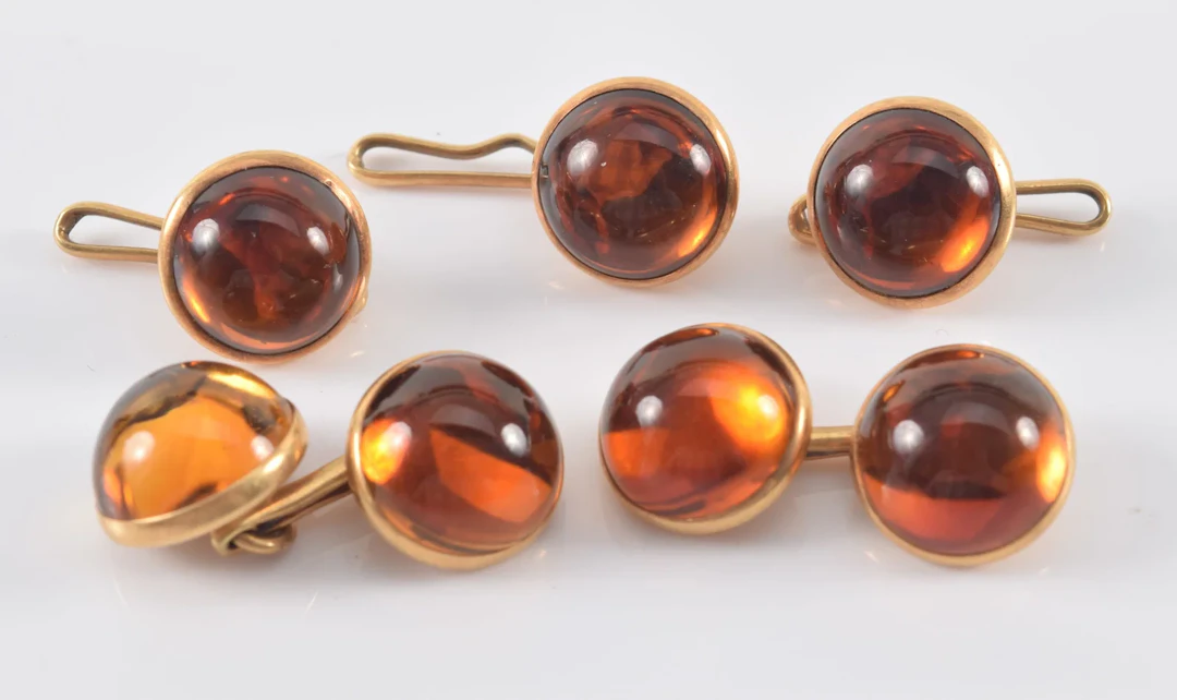 14K gold citrine mounted cufflink and stud set. Round cabochons. Marked