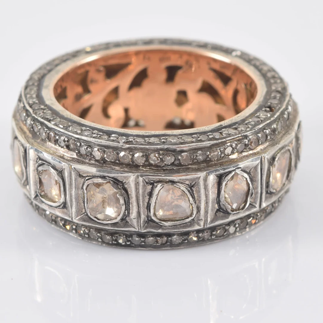 Antique gold and silver polki diamond eternity ring. Central channel