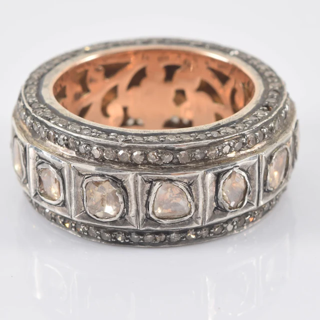 Antique gold and silver polki diamond eternity ring. Central channel