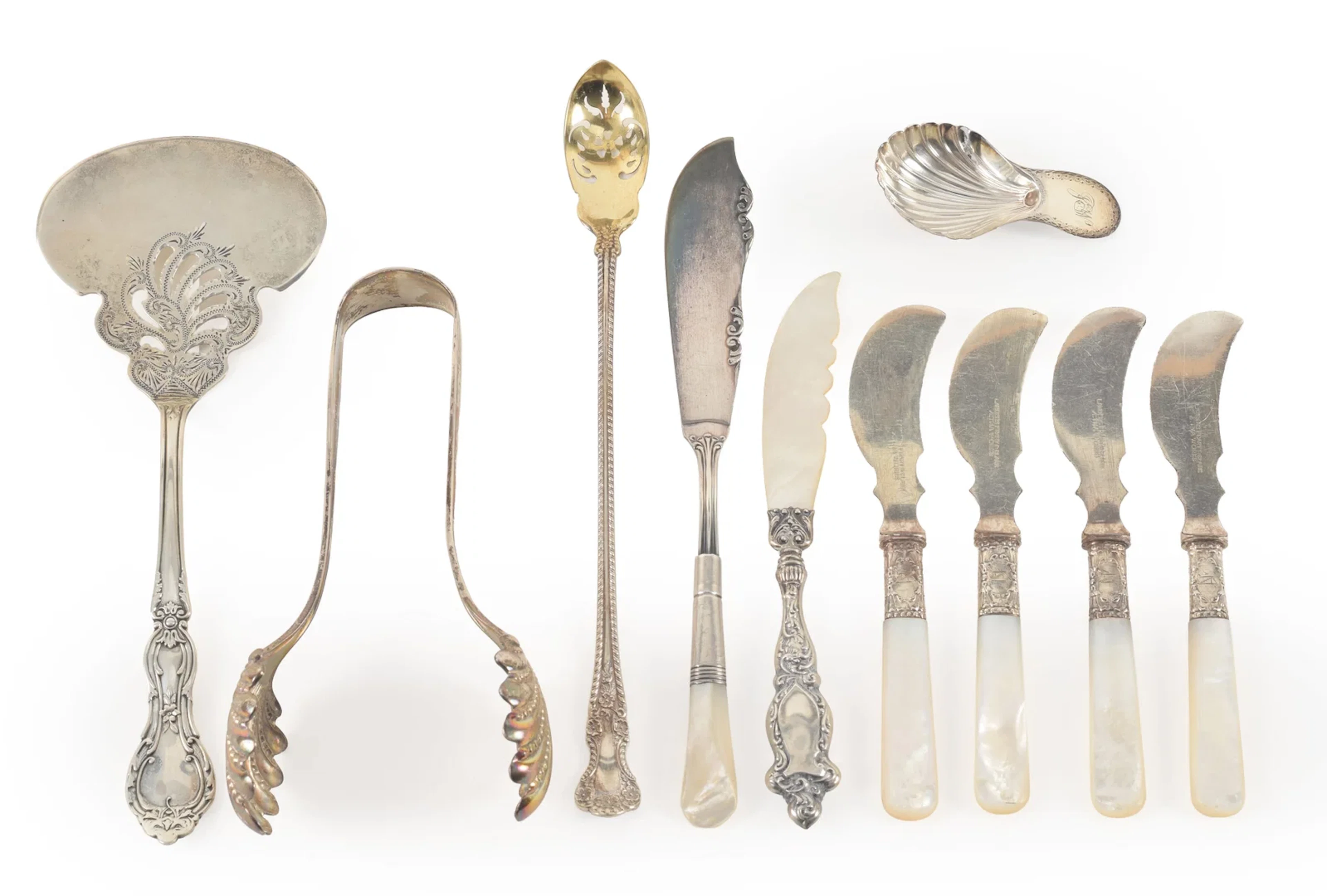 Collection of 10 silver serving items including a pair of Sterling