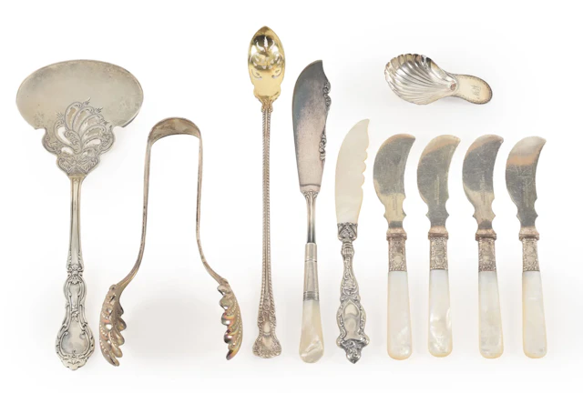 Collection of 10 silver serving items including a pair of Sterling