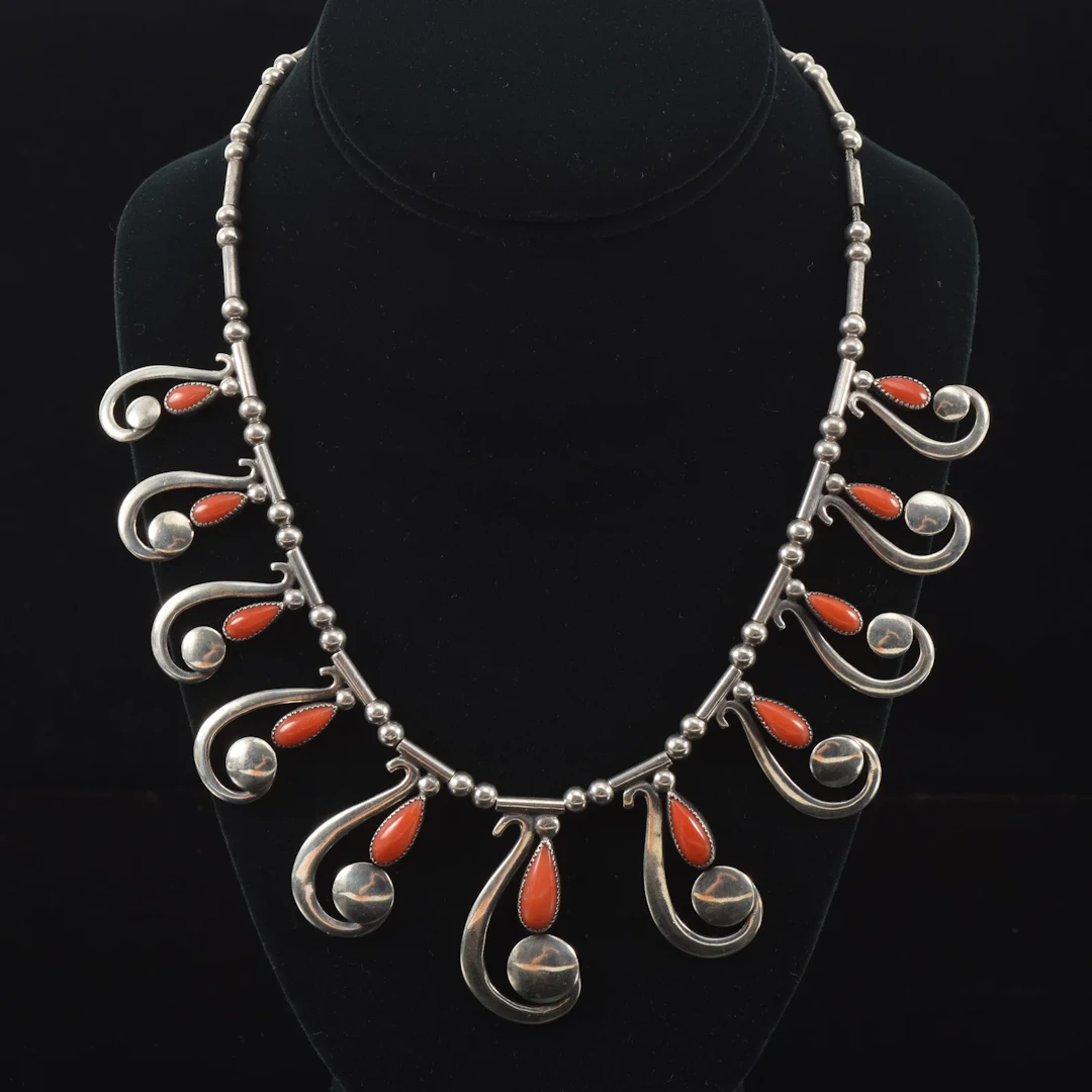 Frank Patania Southwestern sterling silver and coral necklace. Featuring