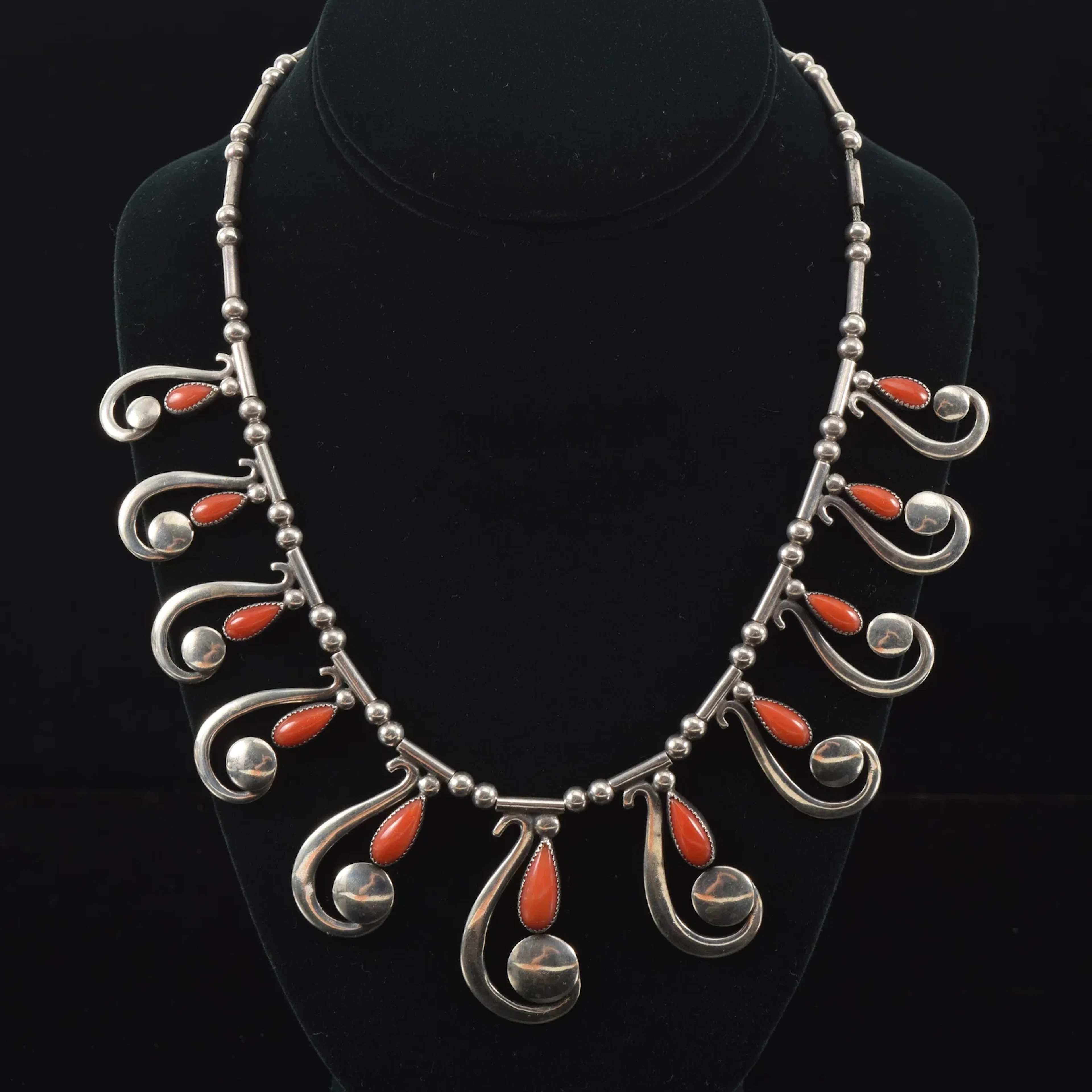 Frank Patania Southwestern sterling silver and coral necklace. Featuring