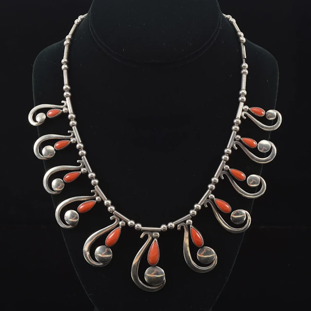 Frank Patania Southwestern sterling silver and coral necklace. Featuring
