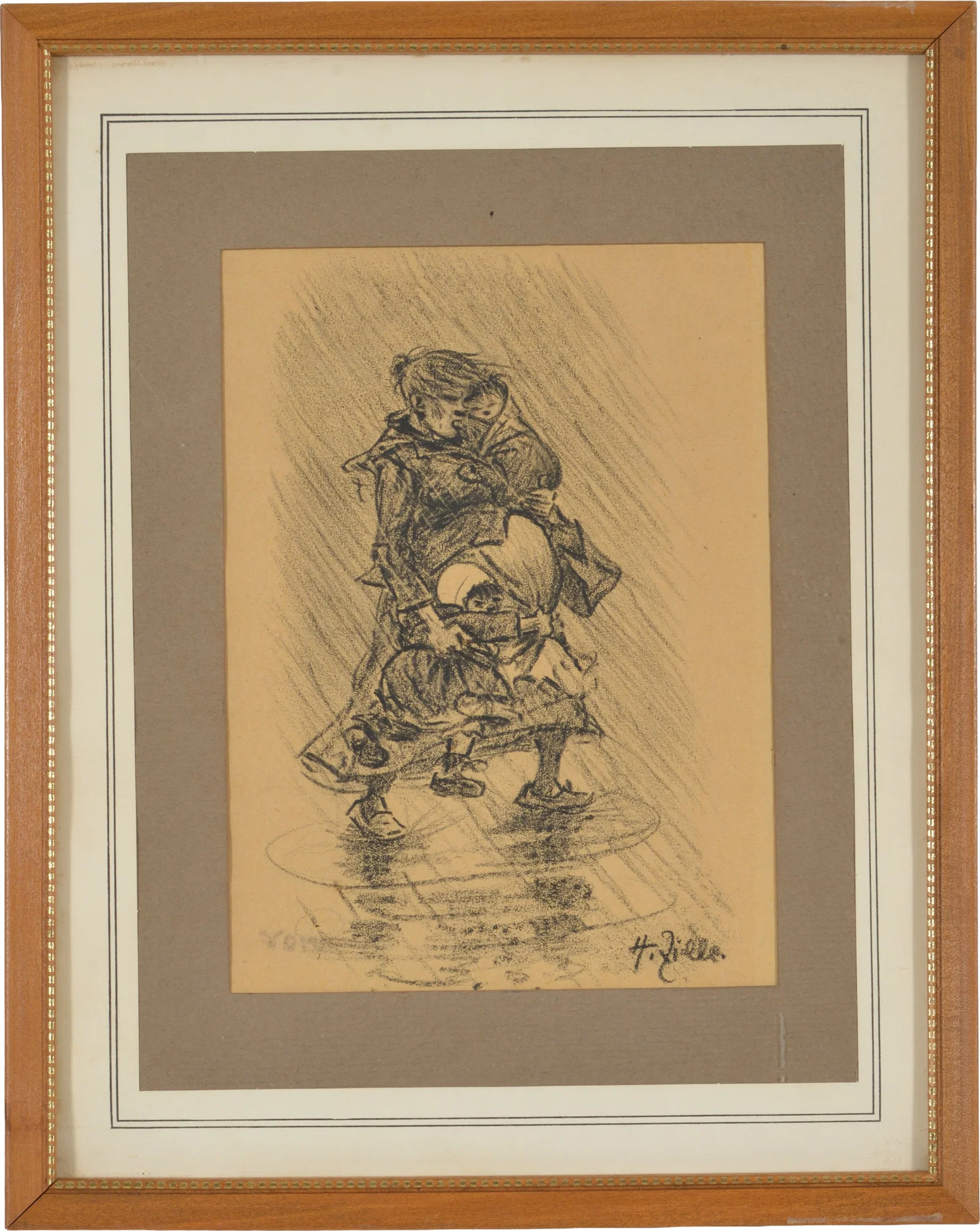 Heinrich Zille. German. Mother and children in the rain. Original