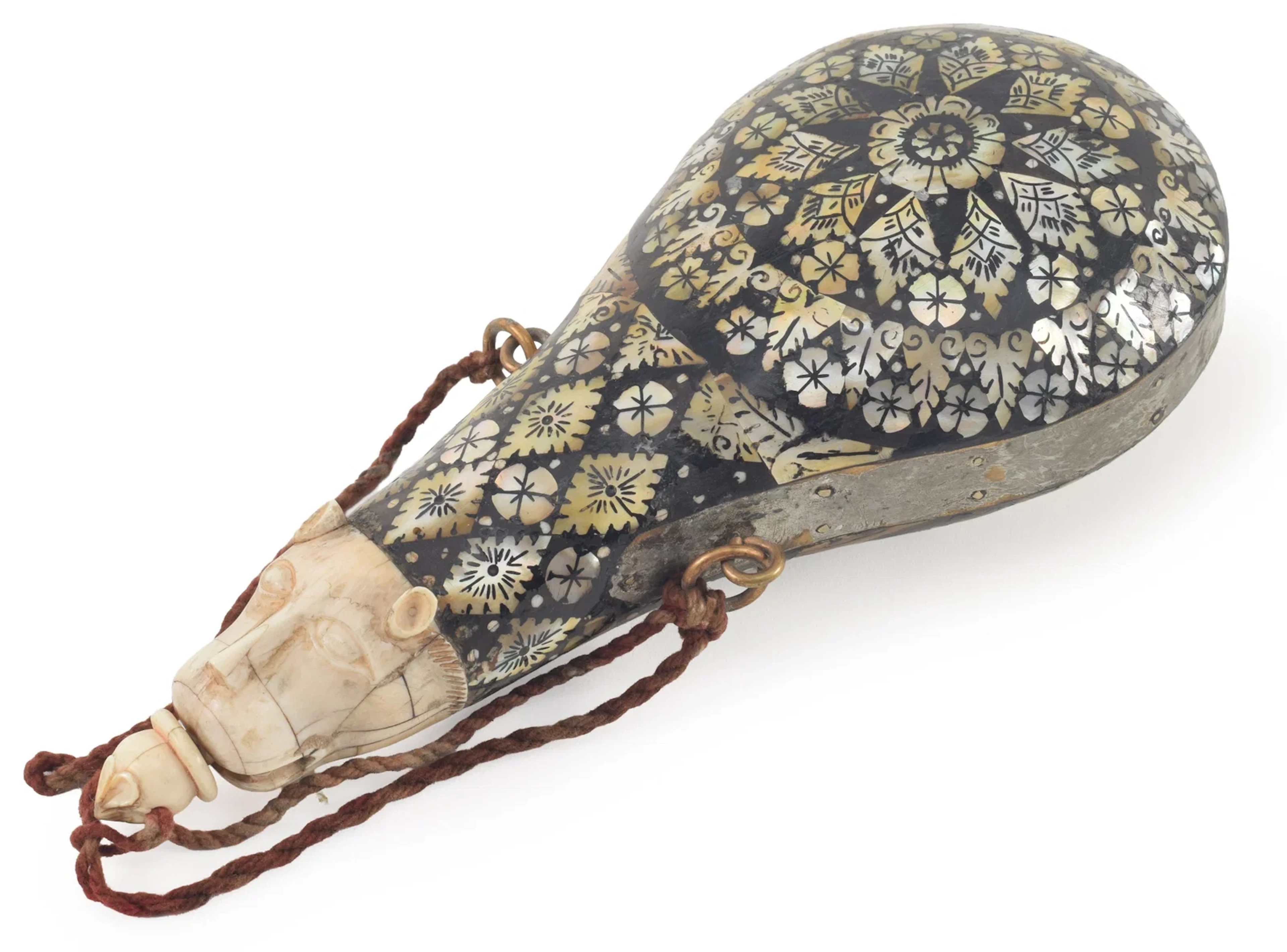 Rare Indian Mother of Pearl Inlaid Powder Flask, Gujarat, Late 18th