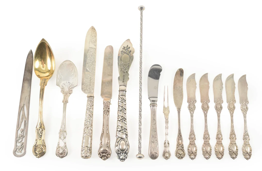 15 Serving items including sterling silver butters, forks etc, with