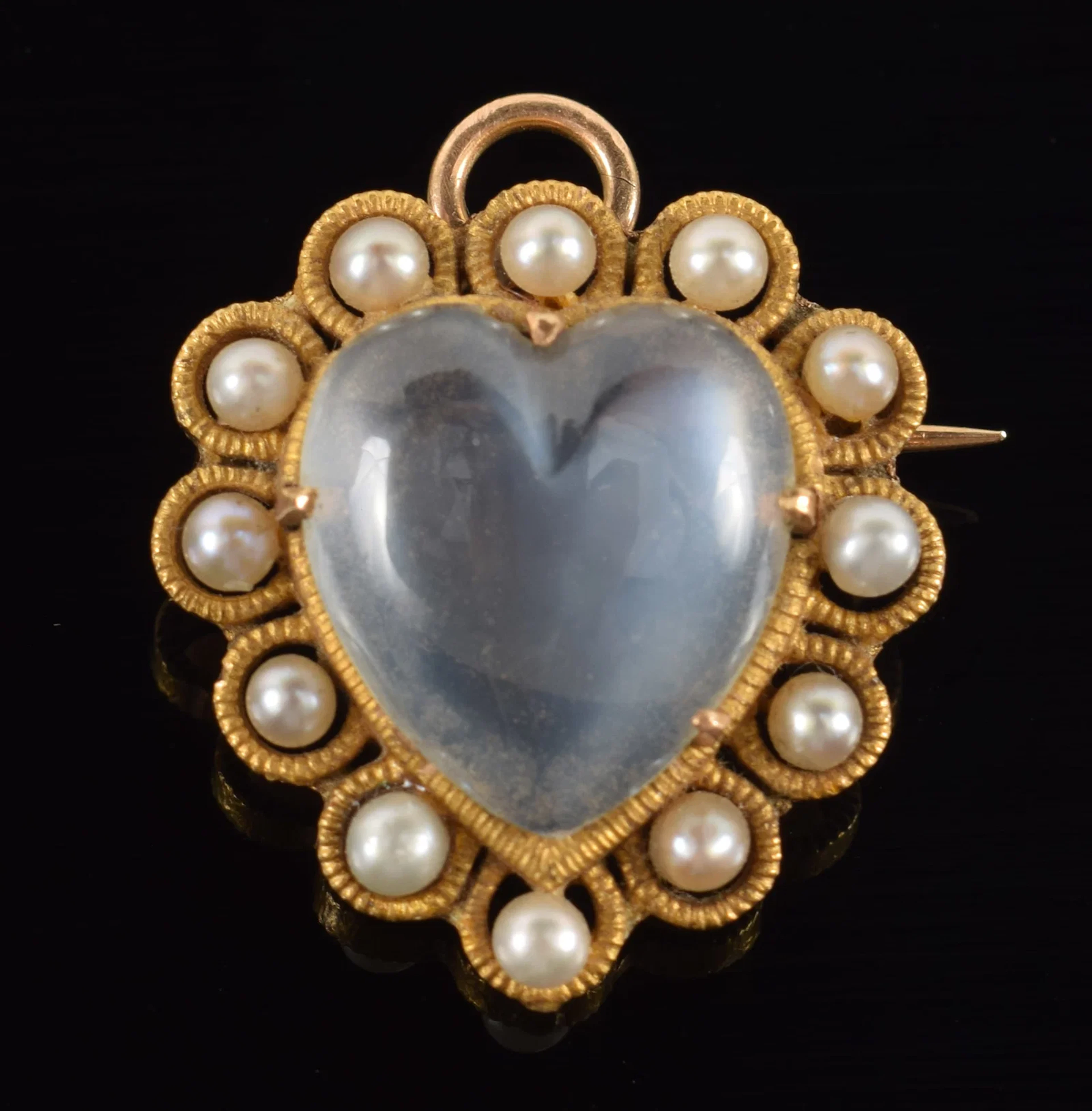 Antique 10K gold moonstone and pearl heart pin/pendant. Unmarked but
