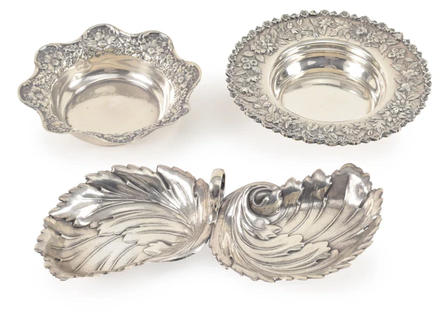 3 Sterling silver table items, including a double leaf bowl, an S.