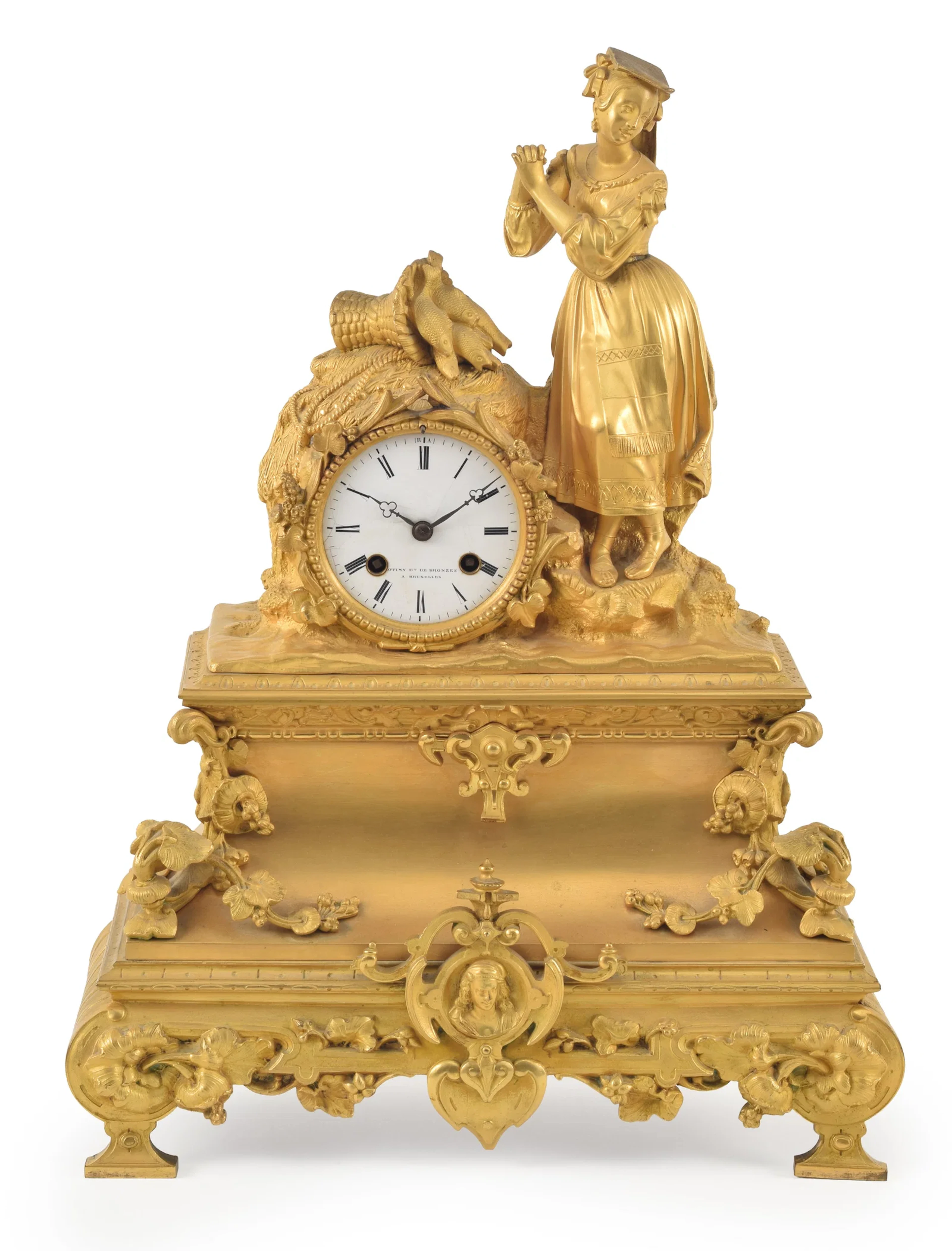 Late 19th Century gilt bronze figural shelf clock, with an enamel