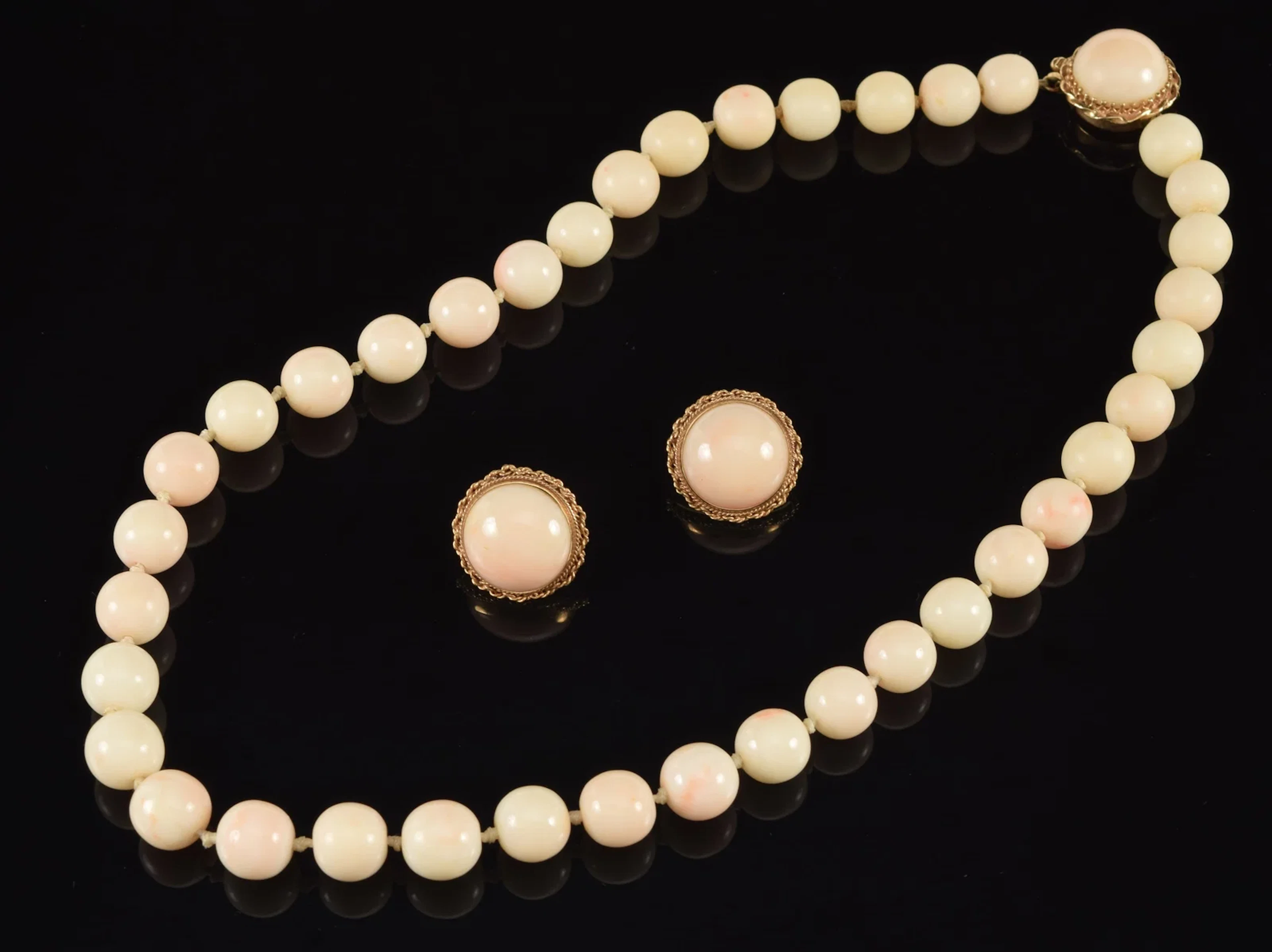 14K gold angel skin coral jewelry suite. Large bead necklace with