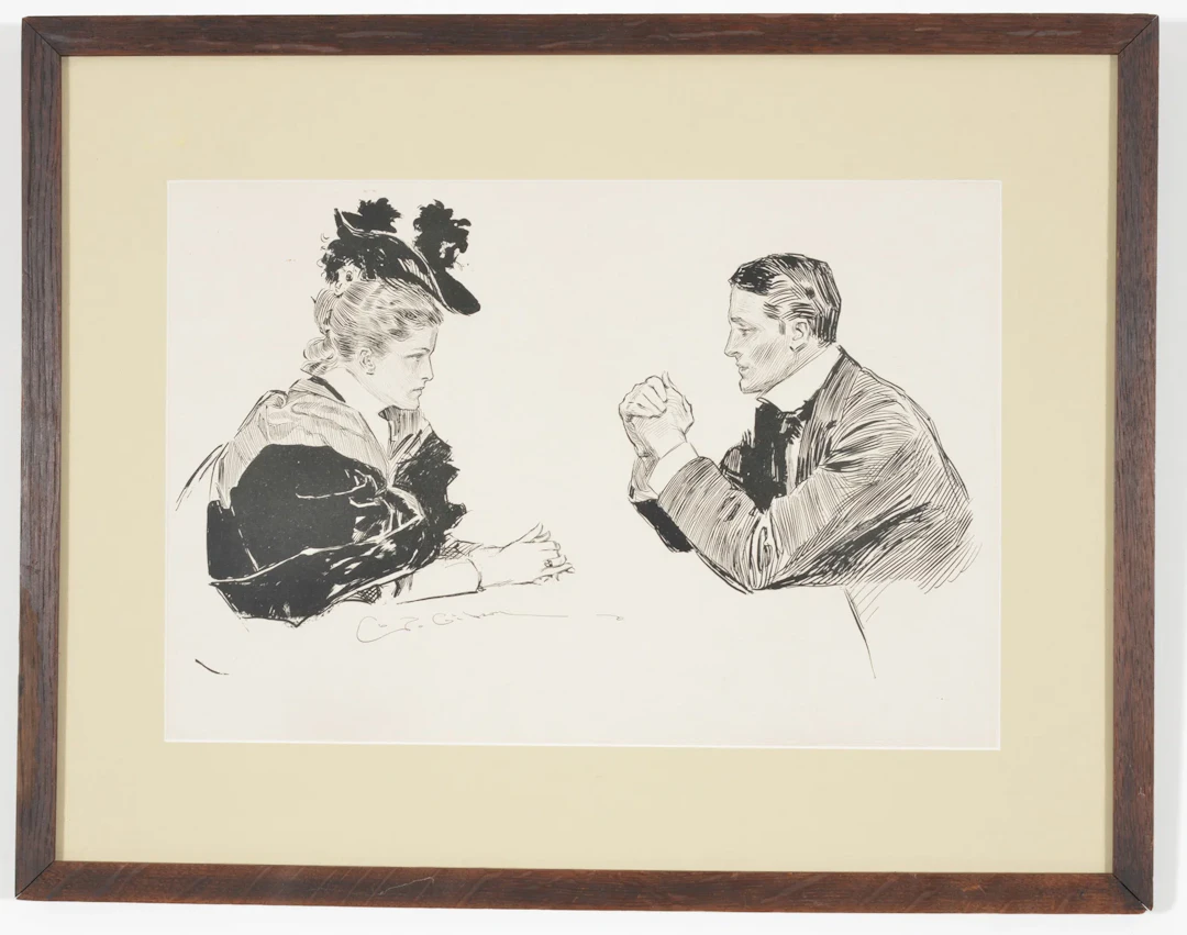 Charles Dana Gibson. Black and white print, "The Proposal" Framed.
