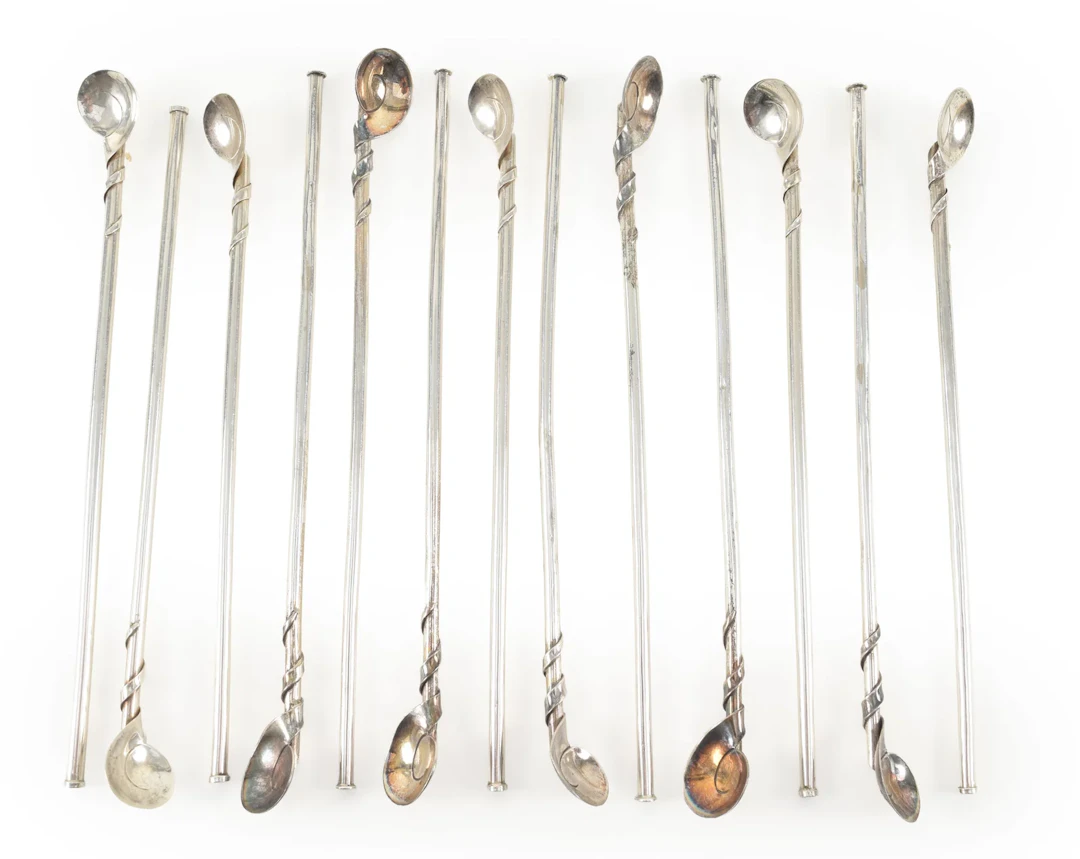 13 Mexican Sterling silver stirrer straw spoons. Length 7.5 in, 3.75 ozt.