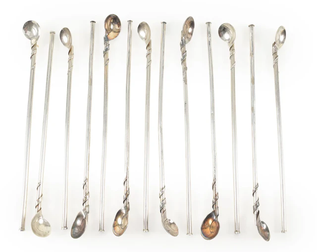13 Mexican Sterling silver stirrer straw spoons. Length 7.5 in, 3.75 ozt.