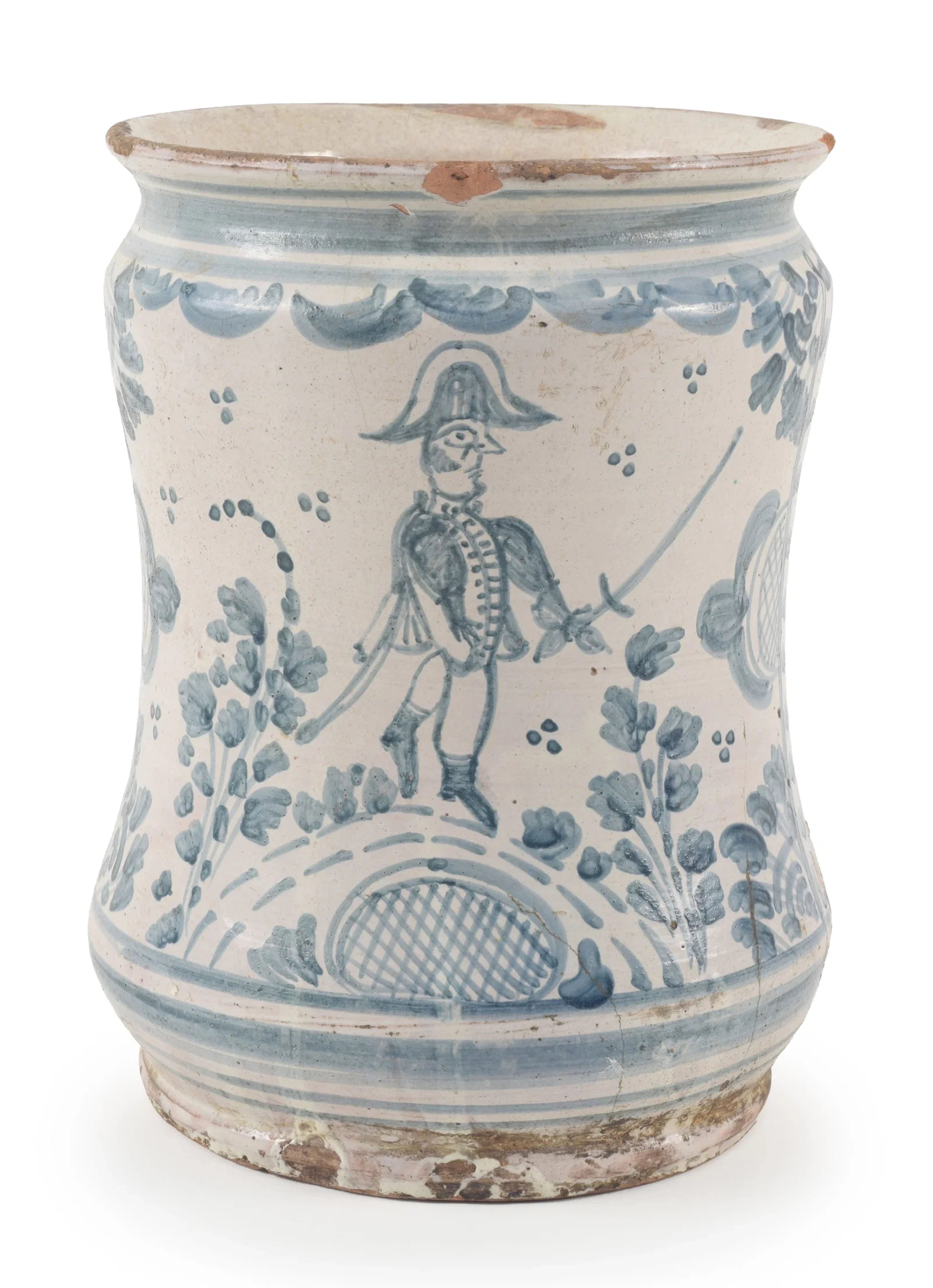18th century delft vase with decoration of a uniformed soldier amongst