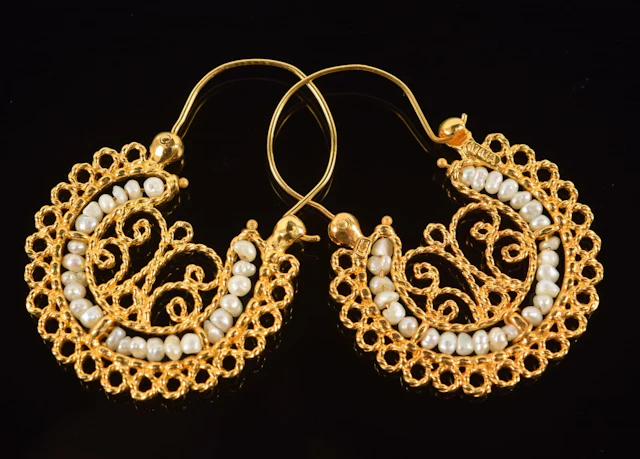 14K gold MMA earrings. Filigree settings with row of small seed pearls.