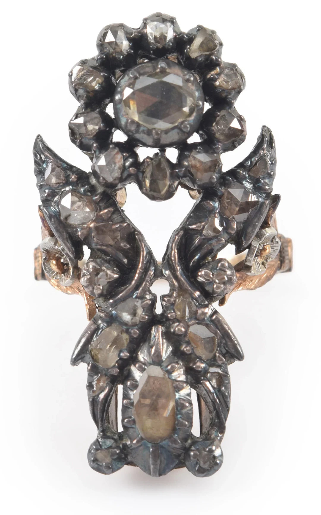 19th century 14K gold and silver diamond mounted ring. Floral openwork