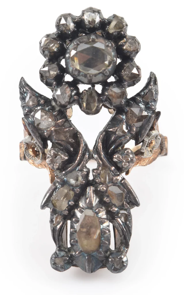 19th century 14K gold and silver diamond mounted ring. Floral openwork