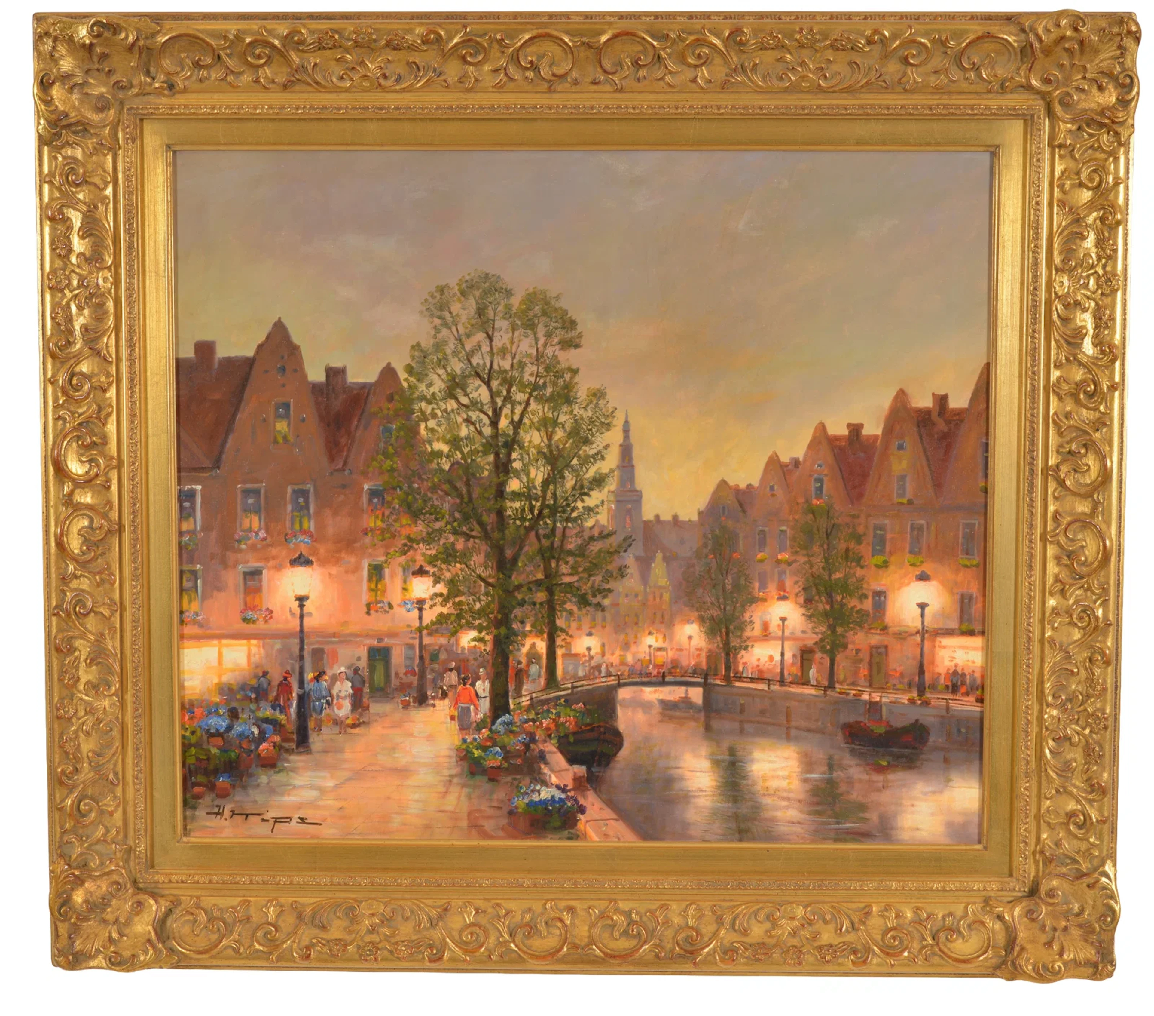 Hellmut Kips. Titled Amsterdam. Urban canal scene at dusk. Framed.