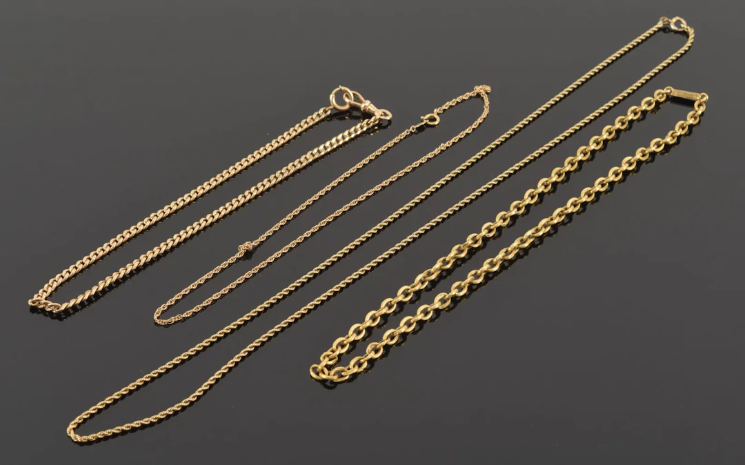 4 antique gold chains. One marked 14K, the other 3 all test as 14K.
