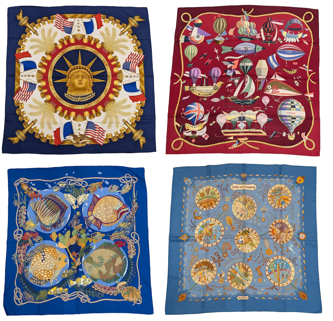 4 Hermes silk scarves. Commemorative France and US independence, Grands