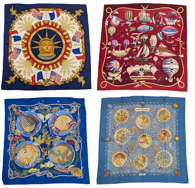 4 Hermes silk scarves. Commemorative France and US independence, Grands