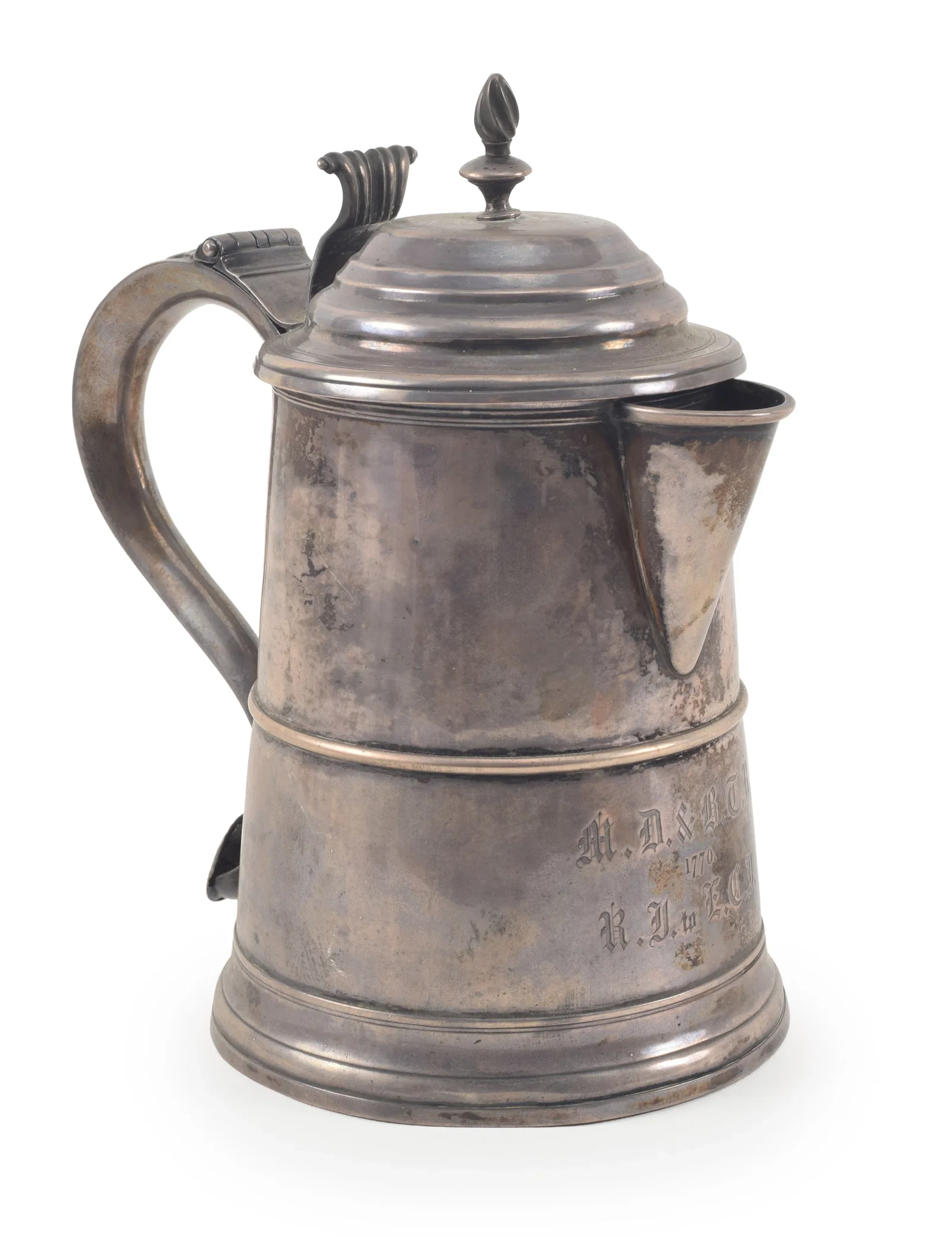 Daniel Rogers American colonial silver spout covered tankard, Ipswich