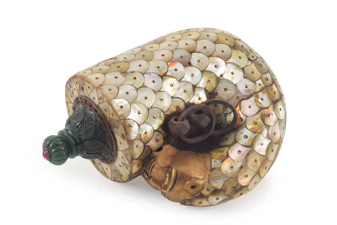 Rare 18th Century Gujarat Mother of Pearl Powder Flask with Gilt Feline