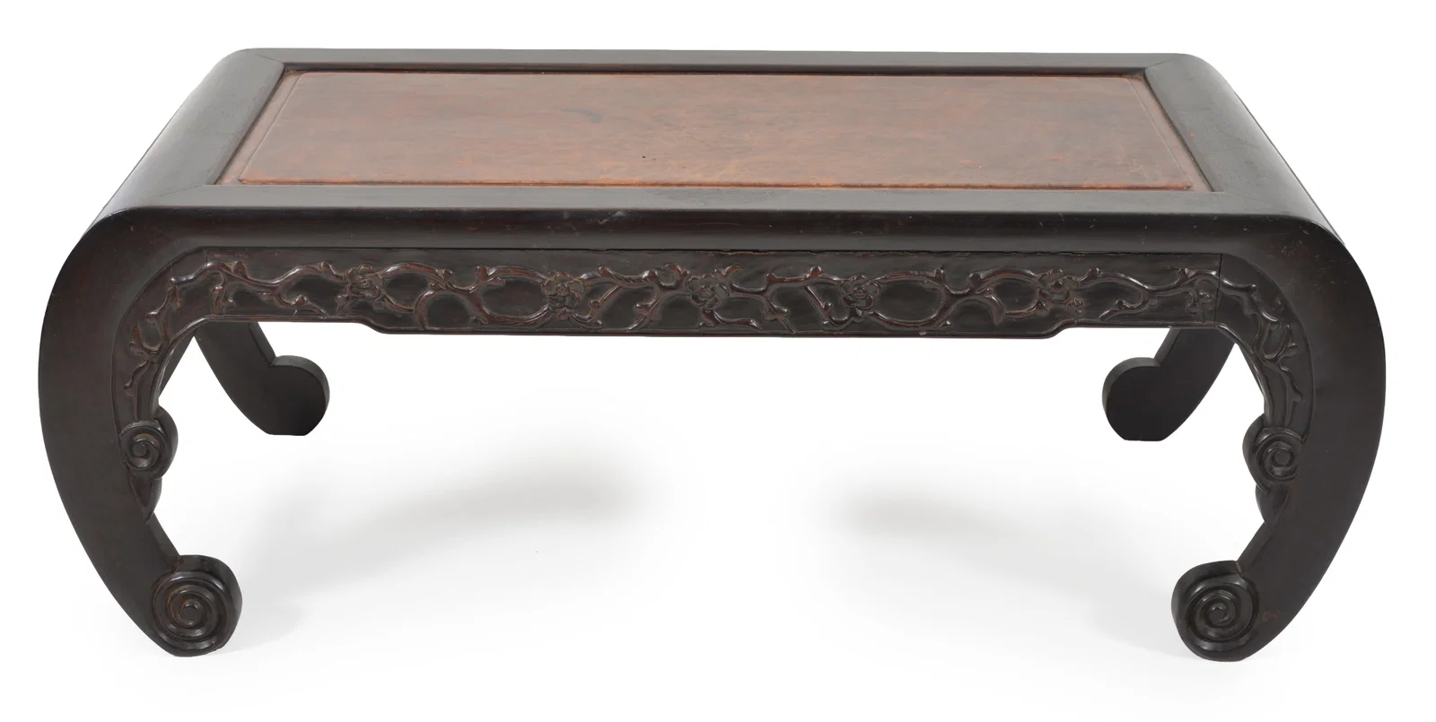 19th century Chinese burl wood inset carved hung mu kang table. Flowering
