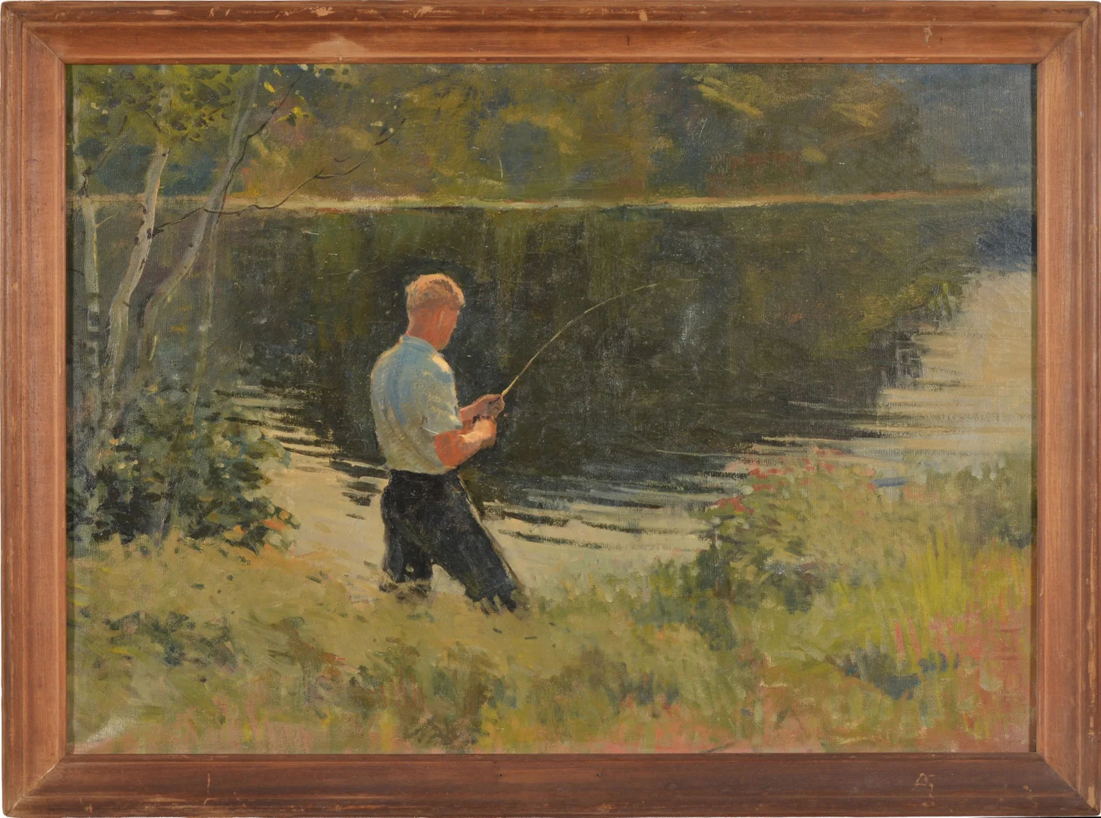Unsigned, American. Titled "Bass Fishing, Aug 31". Figure fishing
