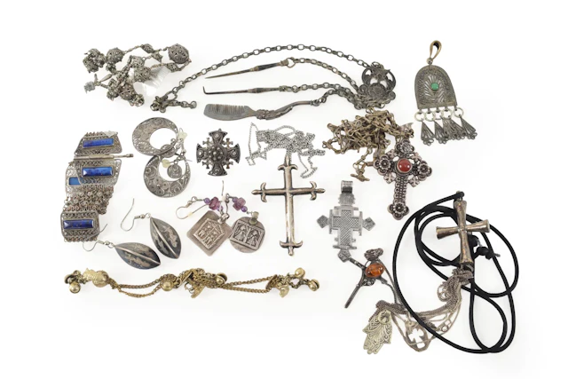 Assortment of vintage silver and base metal jewelry. To include: lapis