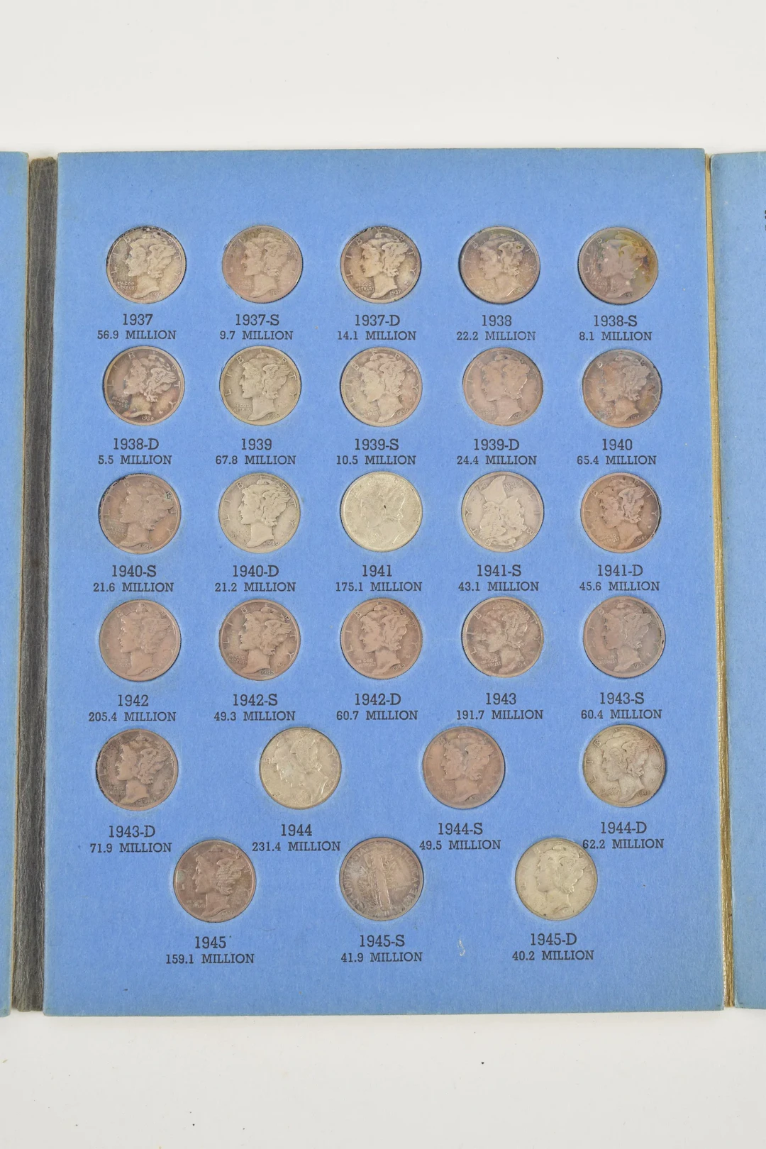 Mercury head silver dimes in booklet, 1916-1945.