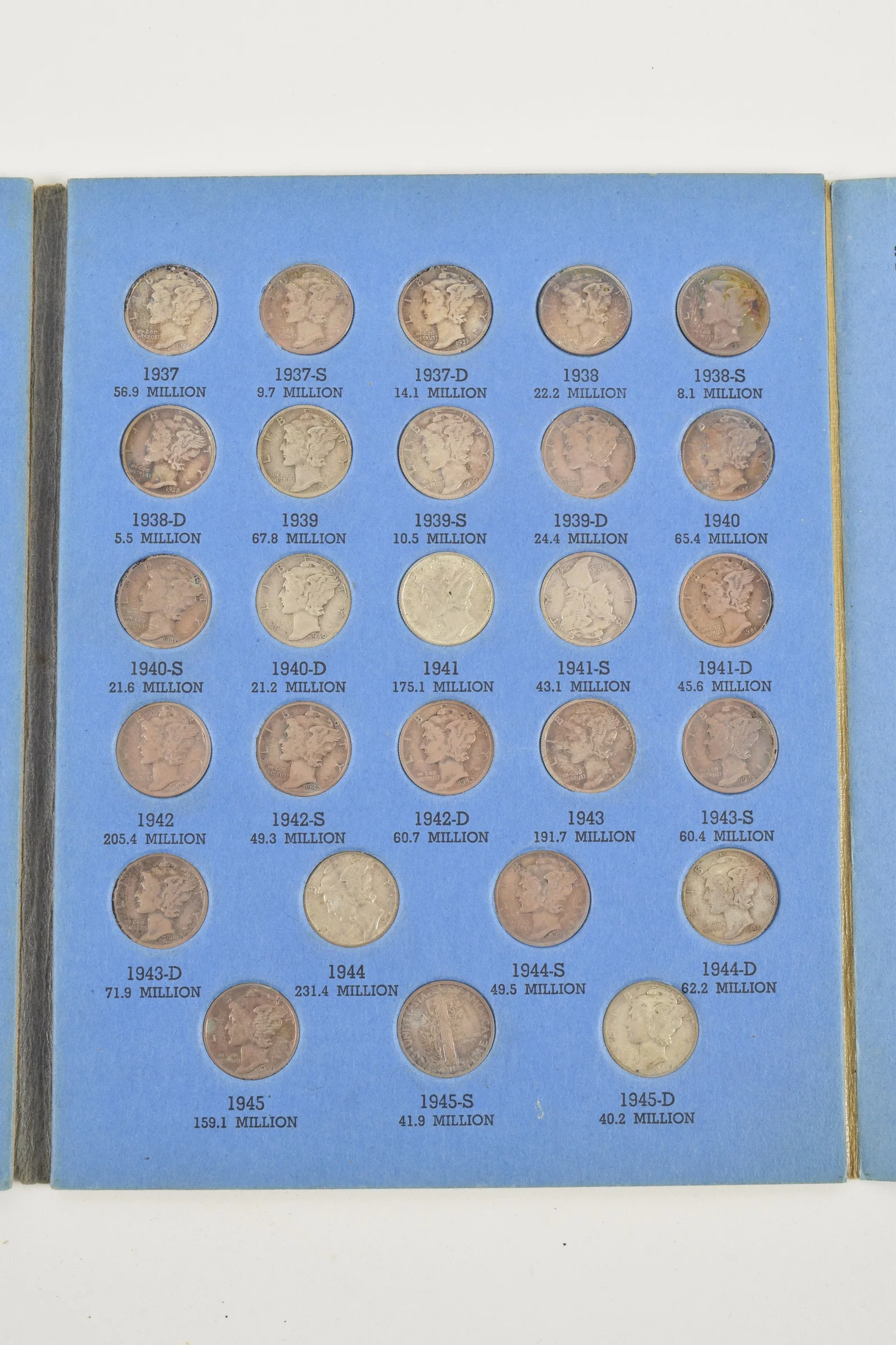 Mercury head silver dimes in booklet, 1916-1945.