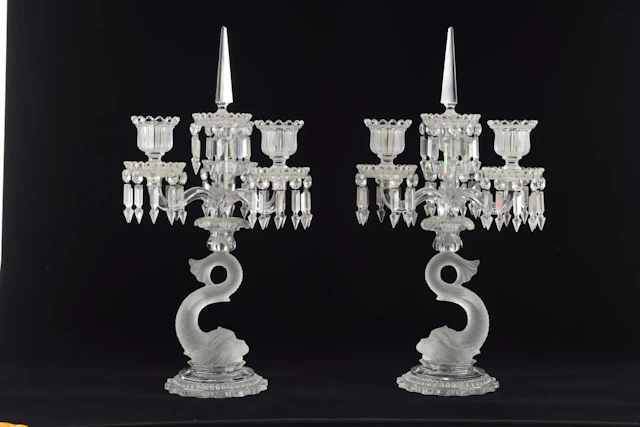 Pair of fine Baccarat crystal candelabras with dolphin standards and