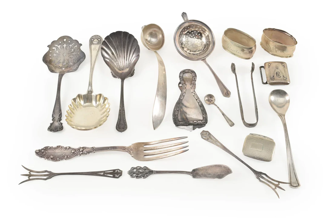 17 Sterling silver items including flatware and serving items, tea