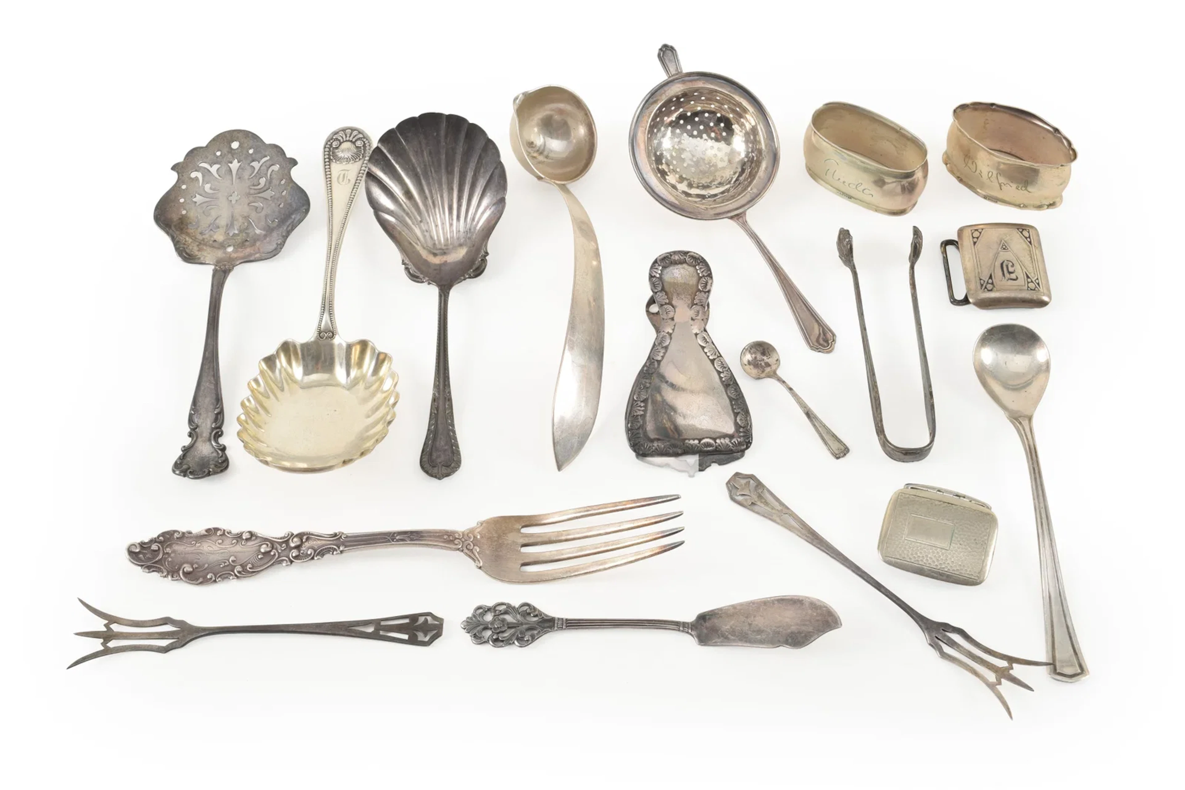 17 Sterling silver items including flatware and serving items, tea