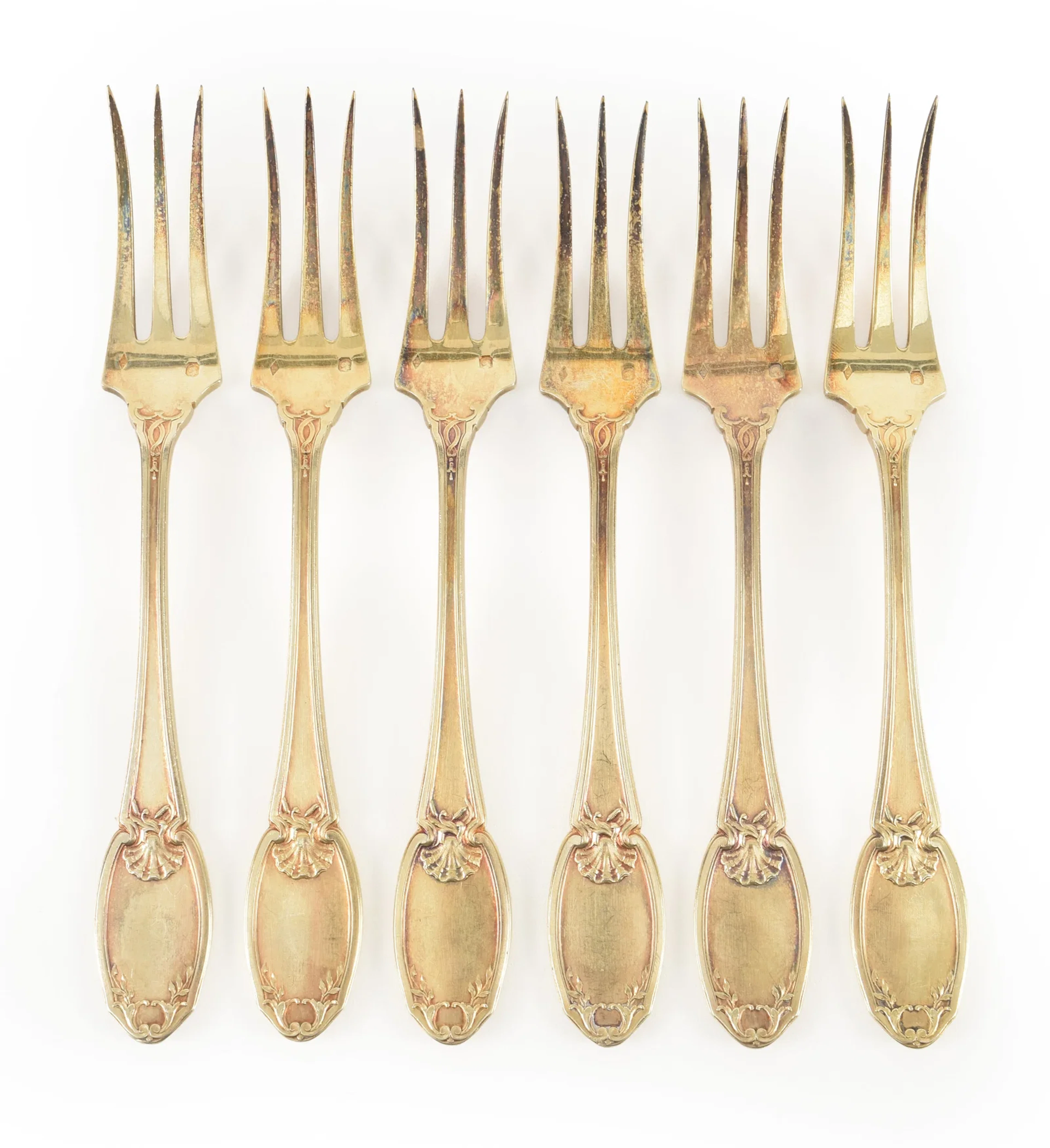 Set of 6 French gilt silver luncheon forks. Length 6 in. 5.88 ozt.