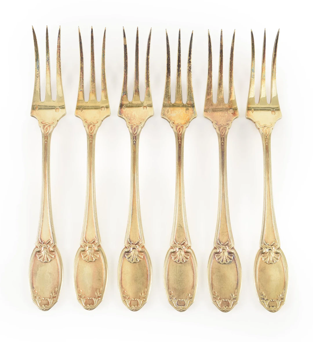 Set of 6 French gilt silver luncheon forks. Length 6 in. 5.88 ozt.