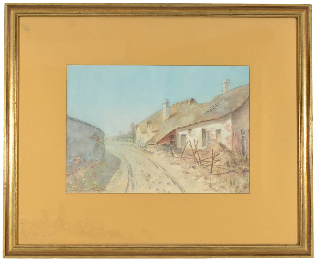 Emile Carlson, Paris 1890. French village with lane and cottage. Watercolor